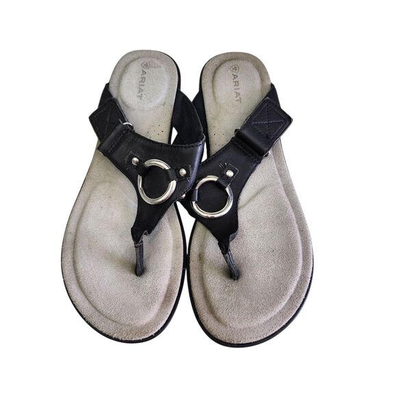 Ariat Poolside Thong Sandals Womens 9B Black Leather Silver Rings Slip On Casual - Picture 5 of 12